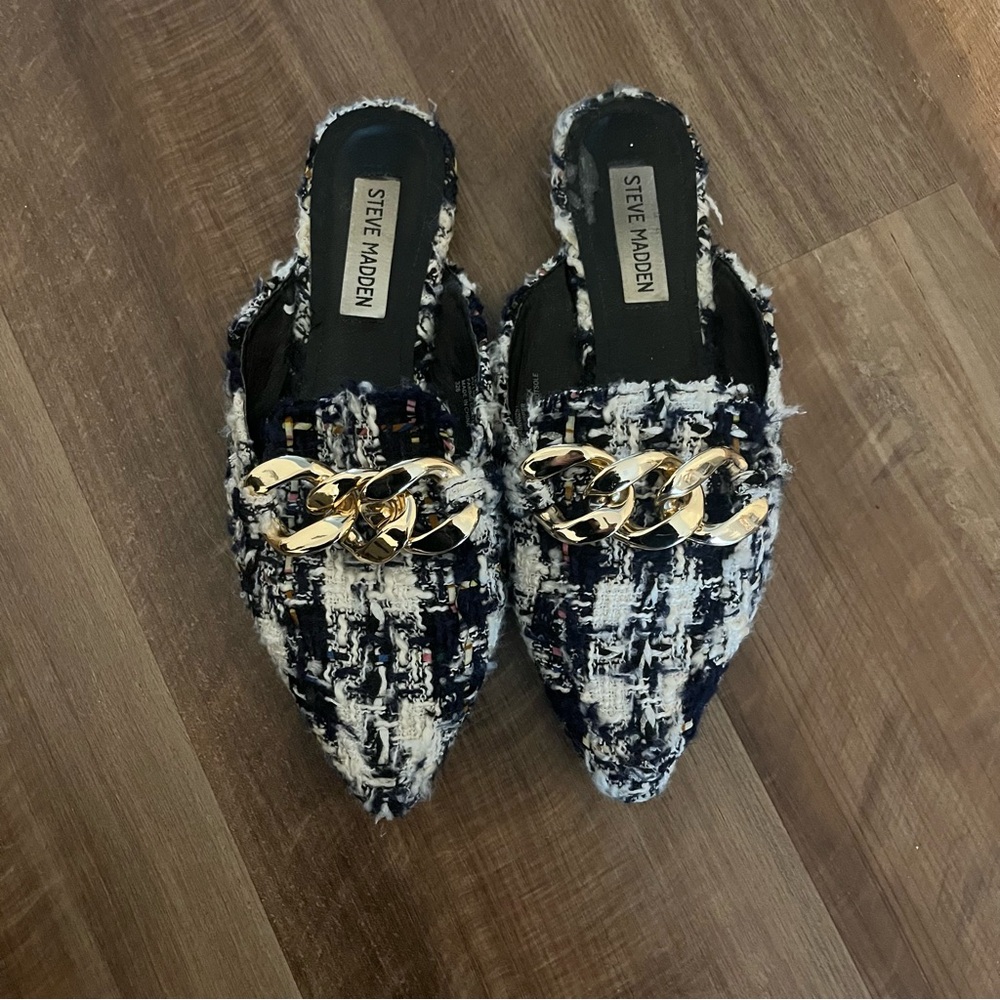 Steve Madden Tweed Mules With Gold Hardware Size 7